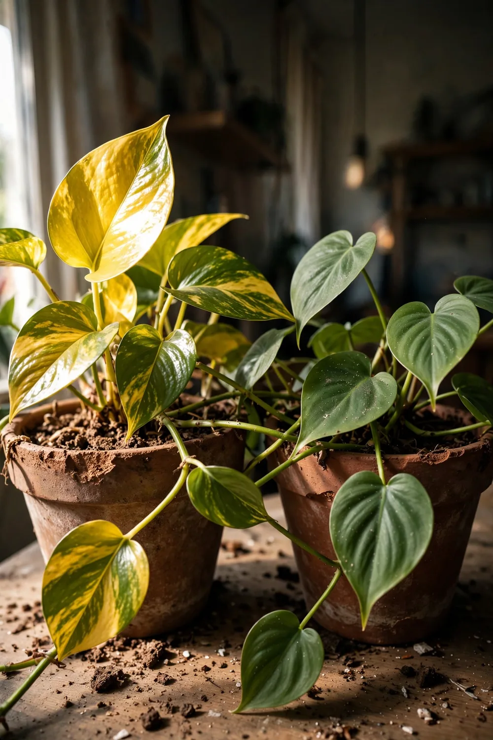Golden pothos and heartleaf philodendron vines side by side in terracotta pots