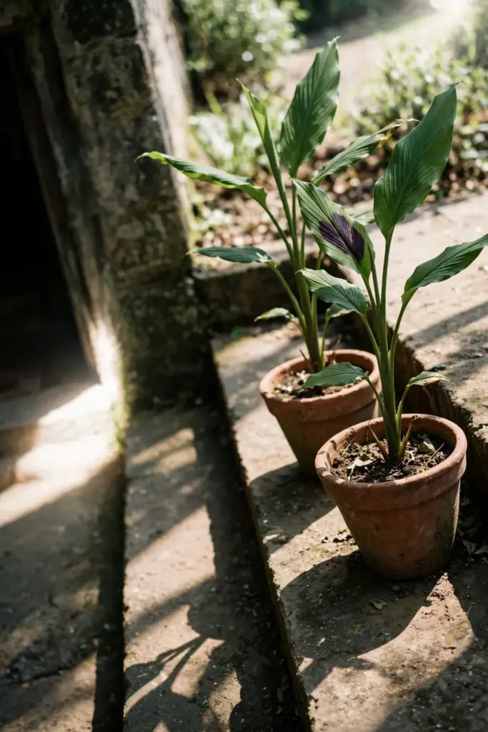 Pots of black turmeric standing on sunny steps after the move outdoors
