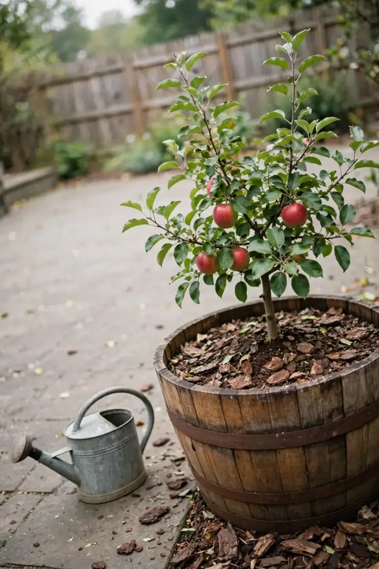 Dwarf apple tree in a large pot on a sunny patio