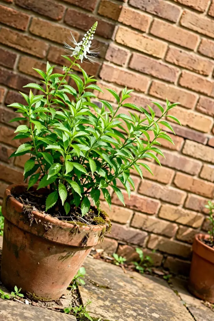 Java tea in a pot against a warm sunny garden wall