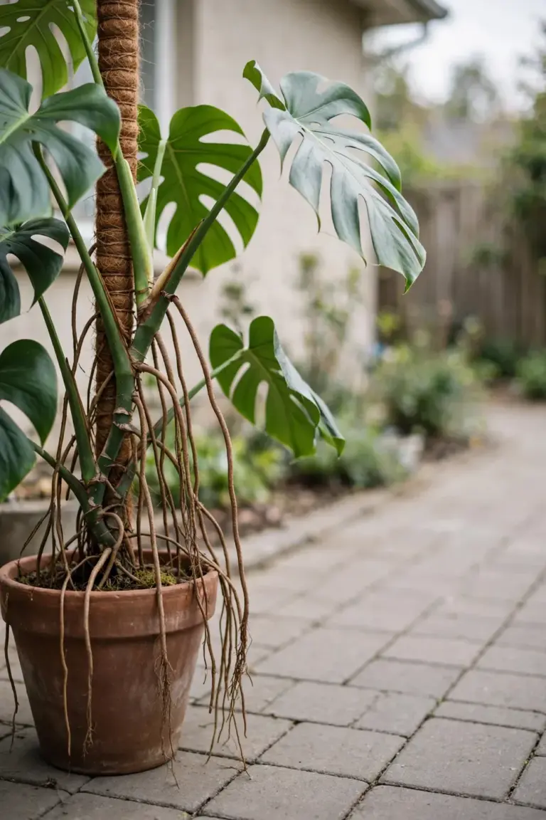 Large monstera in a terracotta pot on a paved patio