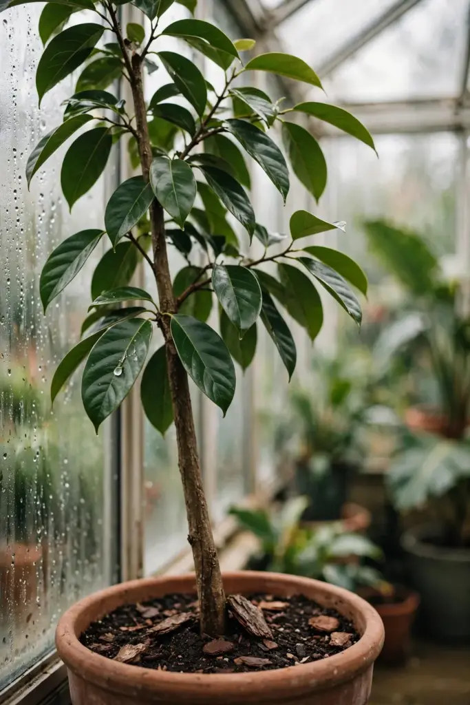 Nutmeg tree growing in a large terracotta pot in a conservatory