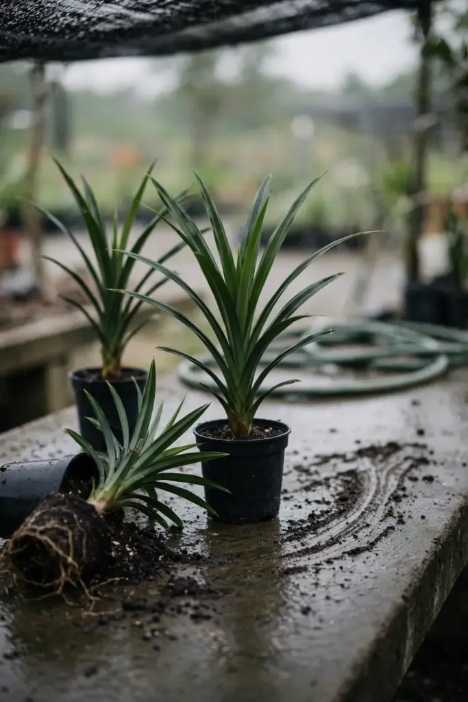 Young potted pandan plants on a nursery bench