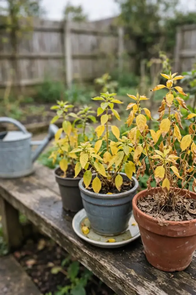 Potted plants with yellow leaves on a garden bench in daylight