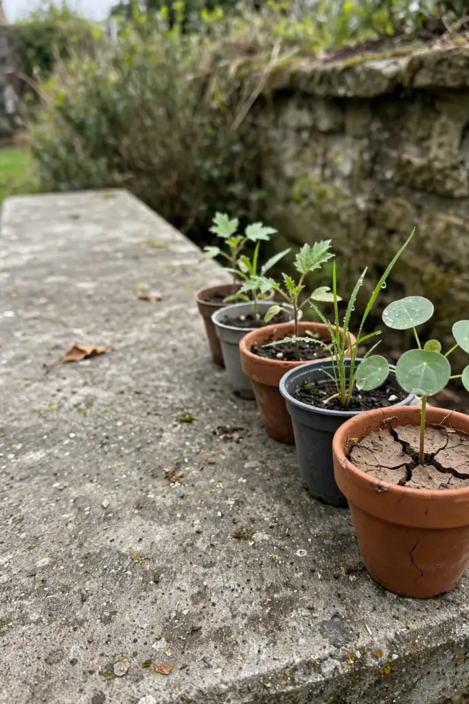 Row of potted seedlings with varied leaf shapes on a bench