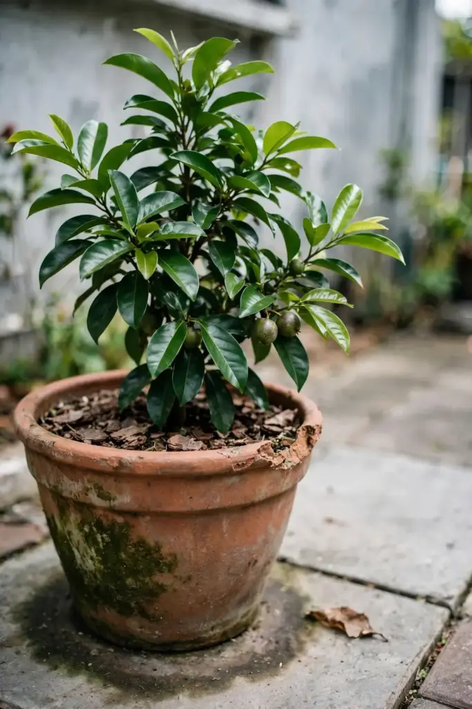 Young star apple tree growing in a large terracotta pot on a patio