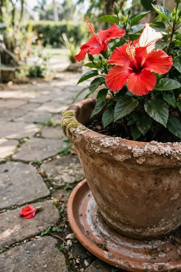Tropical hibiscus in full bloom growing in a large terracotta pot on a sunny patio