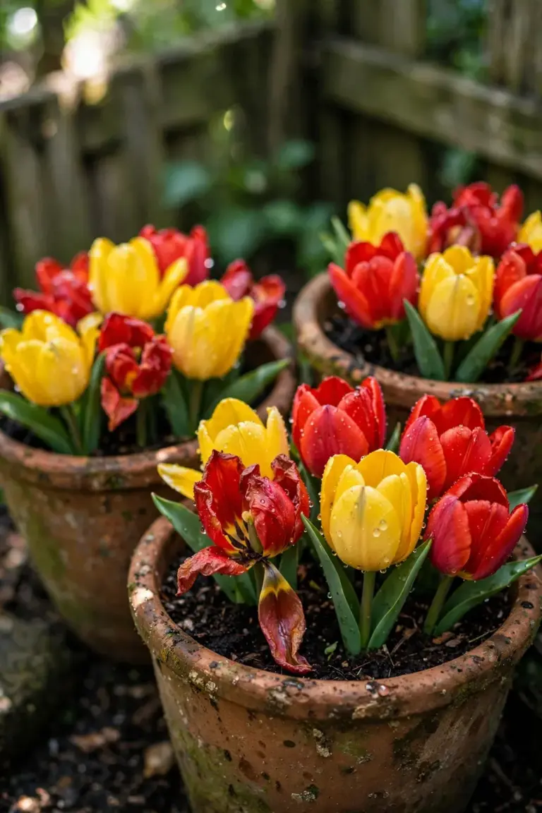 Large pots packed with blooming tulips in a shaded garden corner