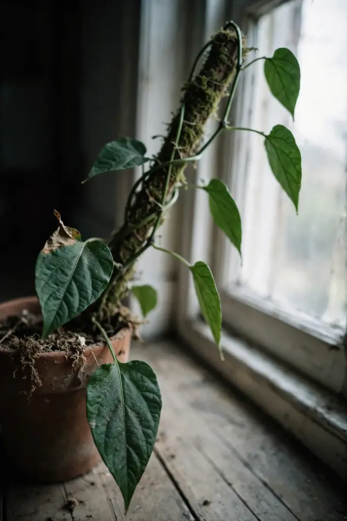 Potted Javanese long pepper vine by a bright window in a cool room