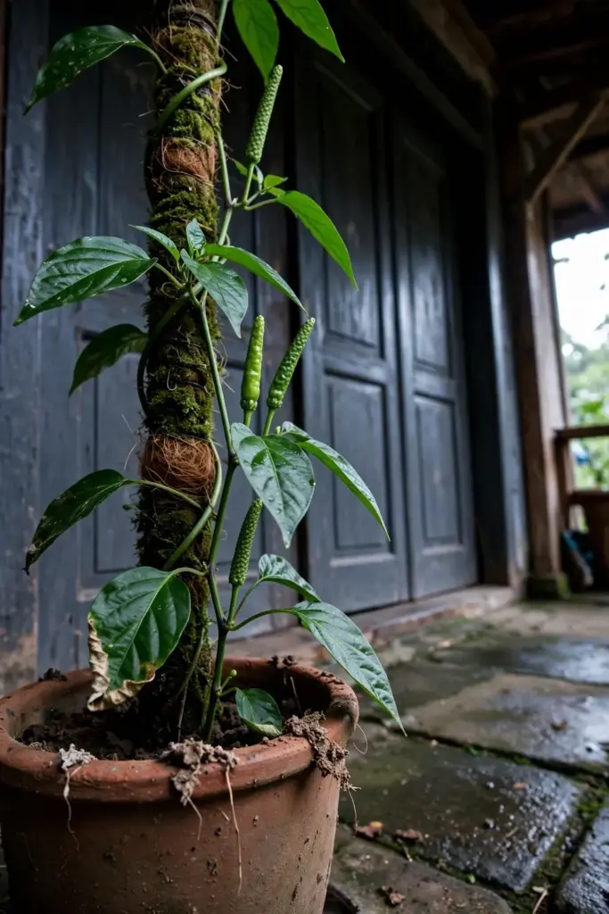 Potted Javanese long pepper vine on a sheltered porch by a closed door