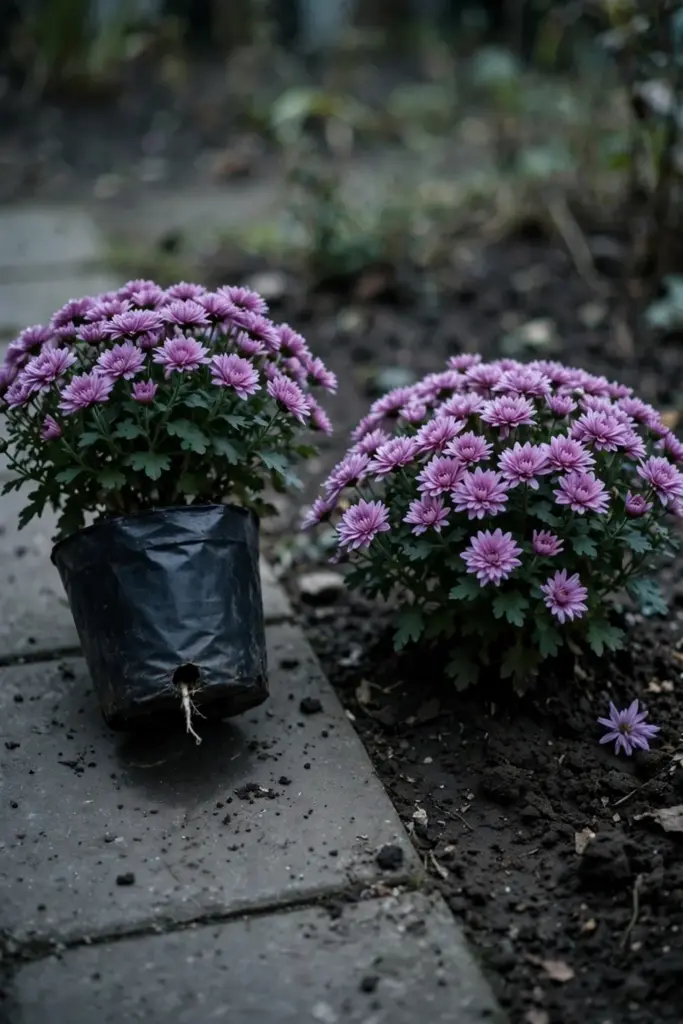 Potted mum beside a ground-planted mum showing the pots-versus-ground trade-off
