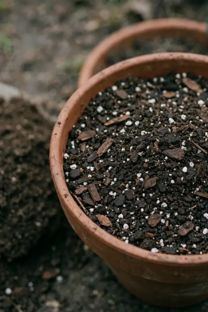 Pot filled with dark compost mix flecked with white perlite