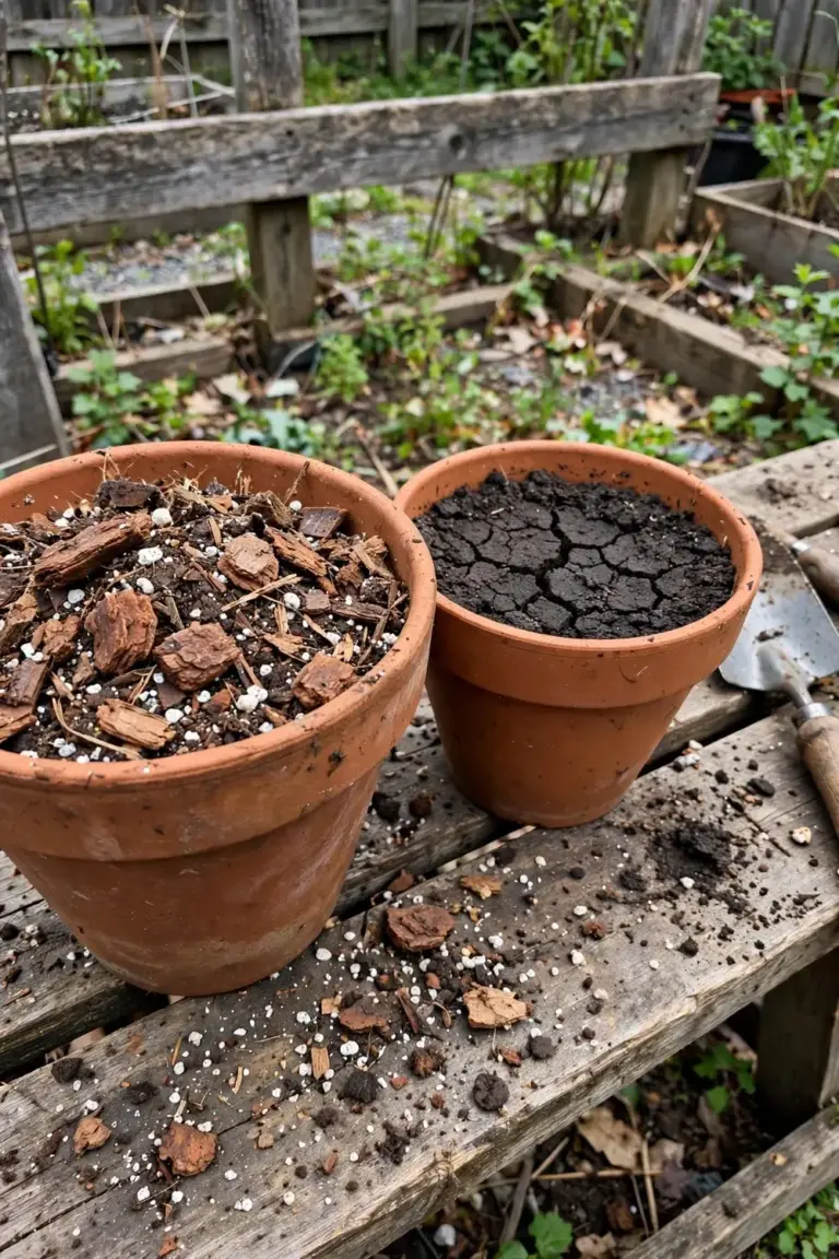 Potting mix and heavy garden soil in two open pots