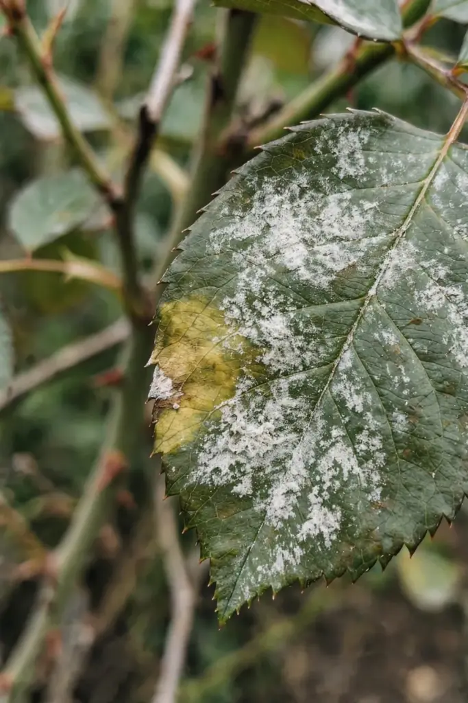 White flour-like powdery mildew dusting the upper surface of a rose leaf