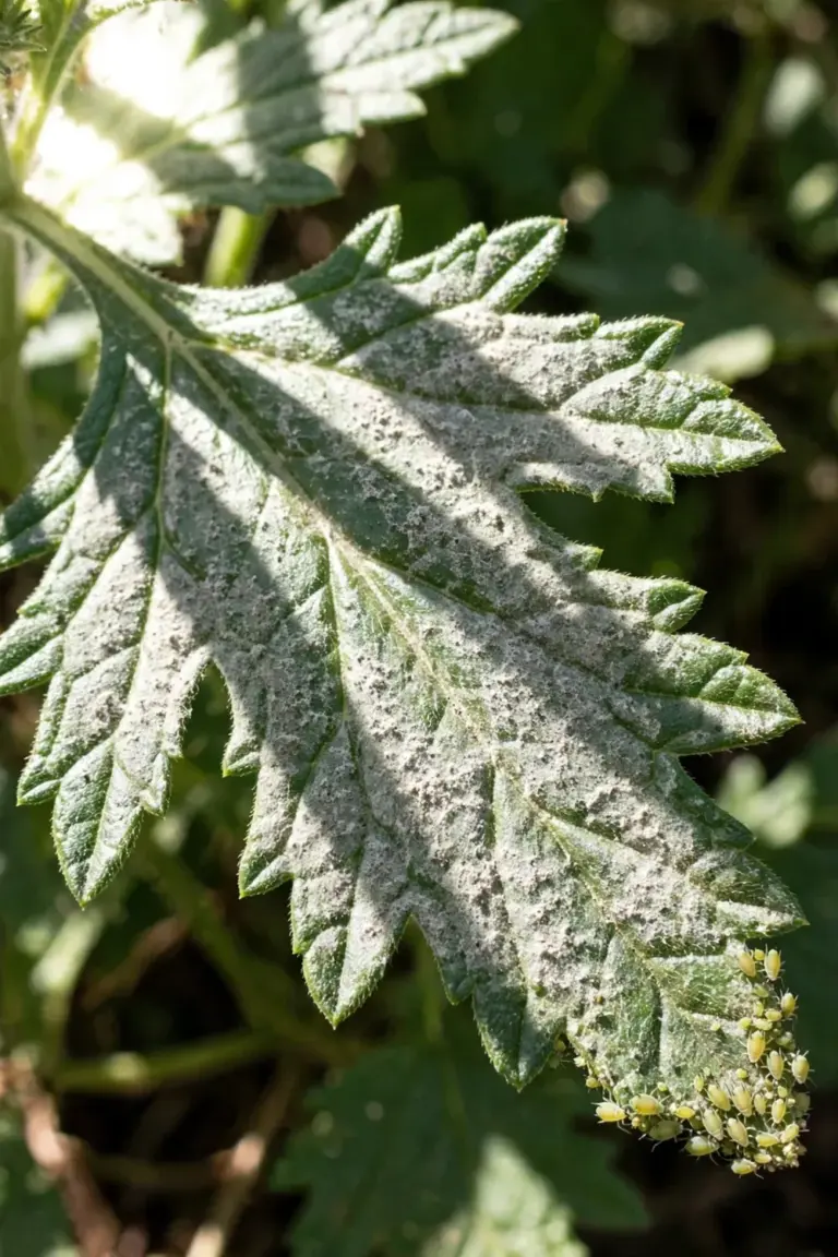 Verbena leaf with white powdery mildew coating in close-up