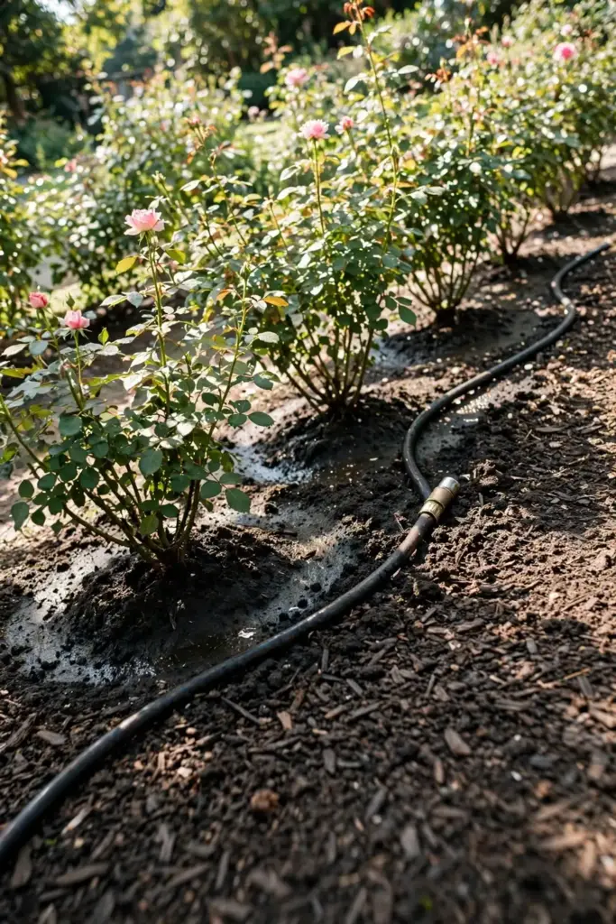 Airy sunny rose bed with a soaker hose watering at the base of the bushes