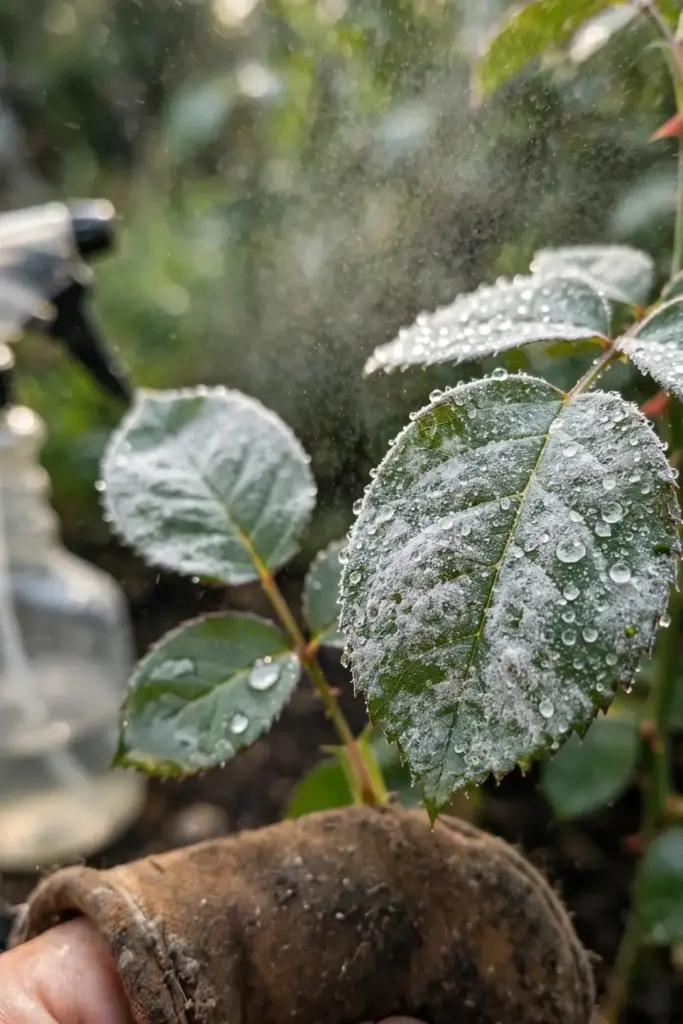 Fine spray mist settling on a mildewed rose leaflet held in a garden mitt