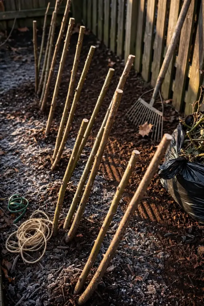 Pruned rose canes in a cleaned bed after fall powdery mildew cleanup