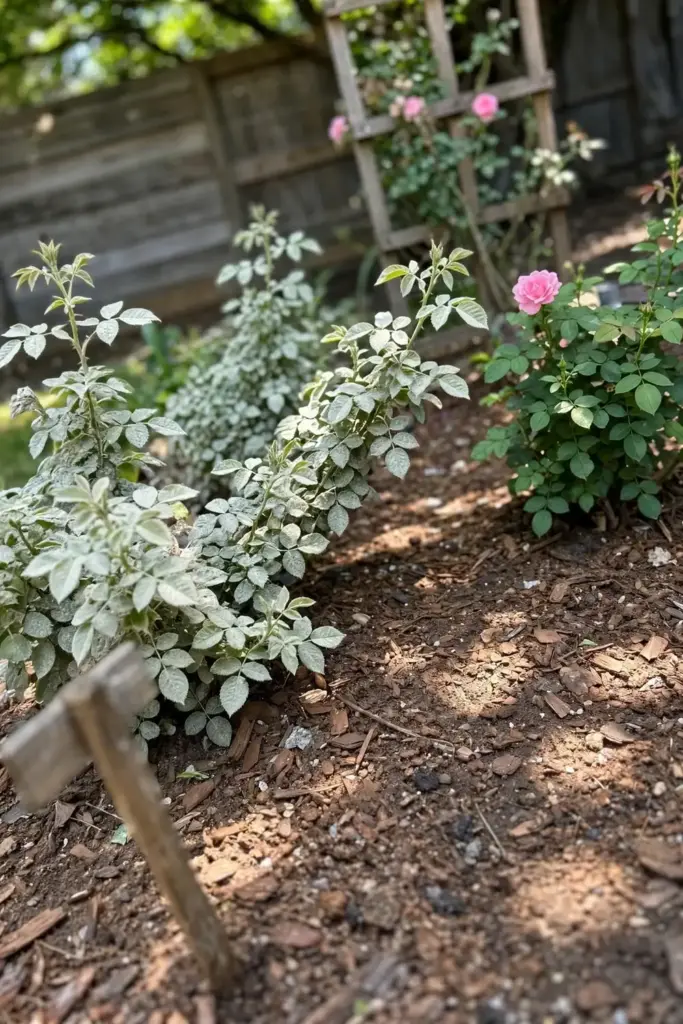Rose bed with hybrid tea roses, some foliage dusted white with mildew