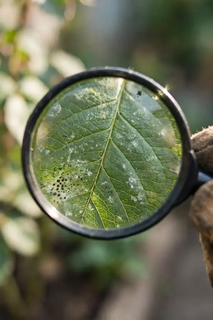 Magnifying glass inspecting the underside of a rose leaflet for mildew
