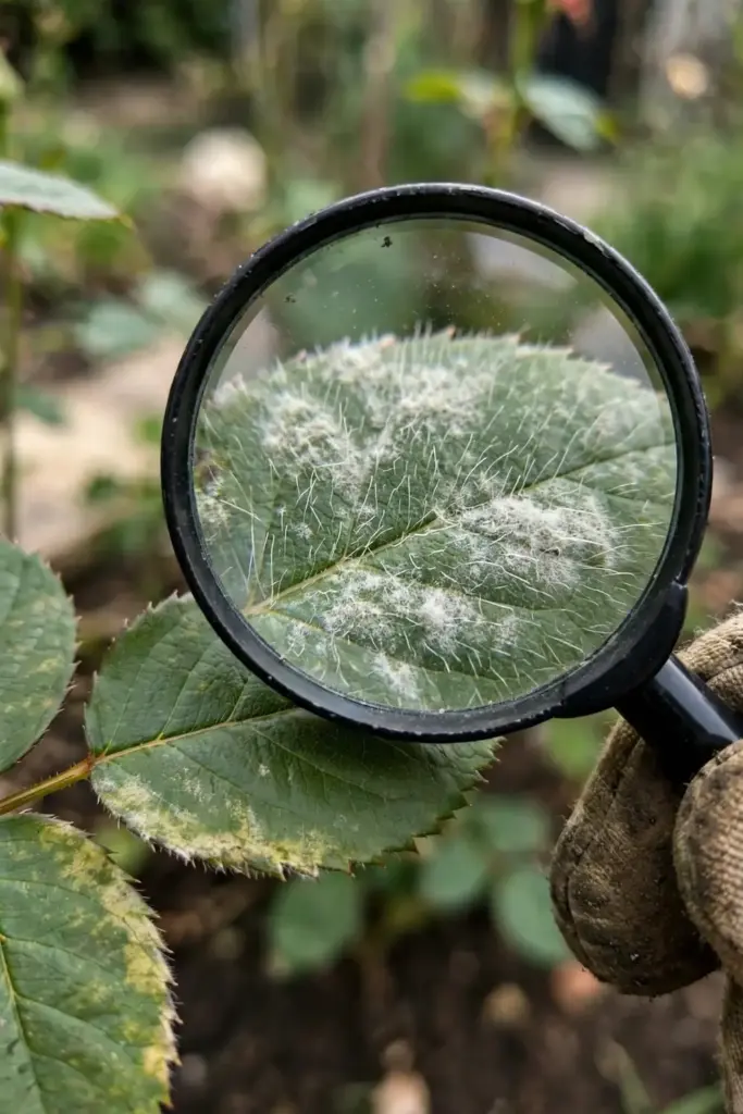 Magnifying glass held over a rose leaf showing white powdery mildew patches