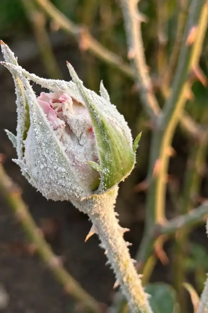 Rose bud with felted white powdery coating on sepals and flower stalk