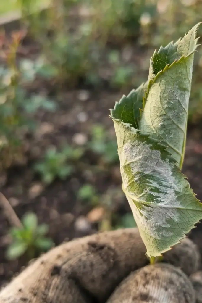 Mildew-dusted curled rose leaflet with white patches held in a worn garden mitt