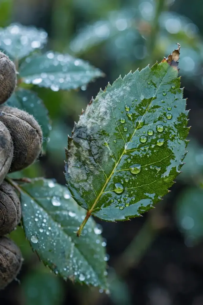 Rose leaflet with oily neem sheen droplets held in a worn garden mitt