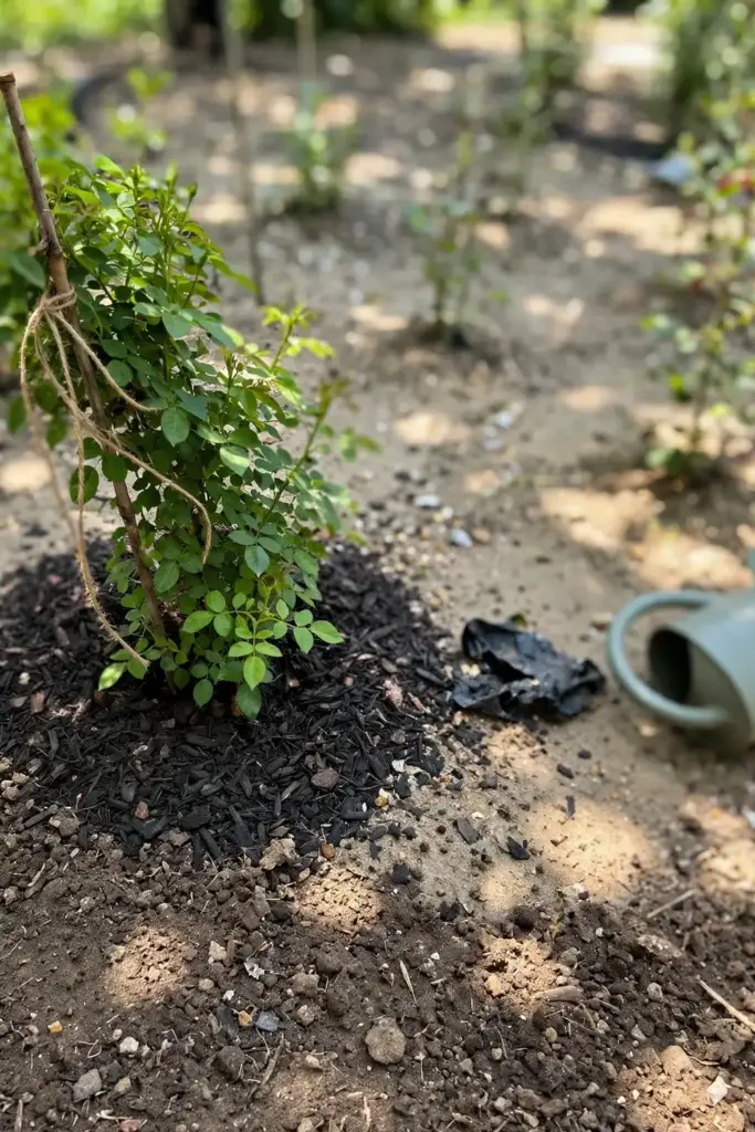 Newly planted disease-resistant rose bush in a sunny mulched bed