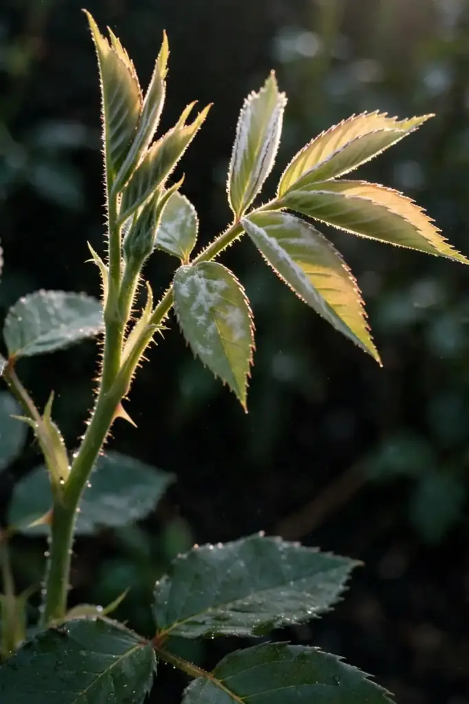 Tender new rose shoot with fresh white powdery mildew on unfolding leaves