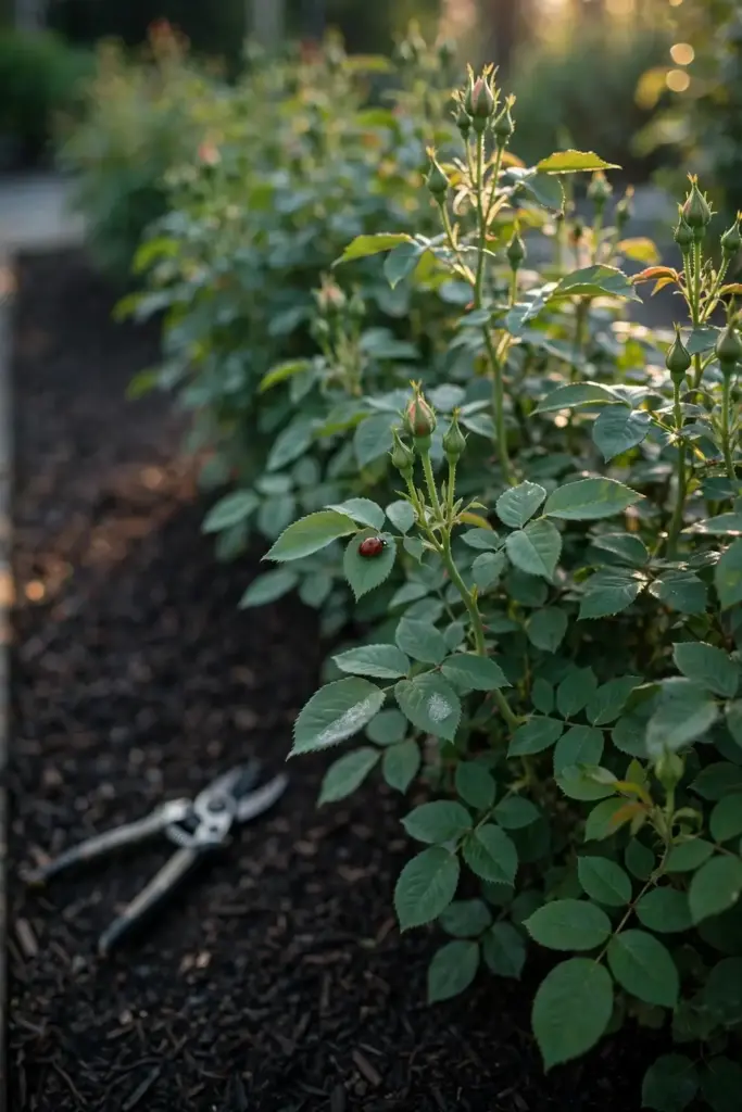 Healthy rose bed with clean foliage under preventive care in morning light