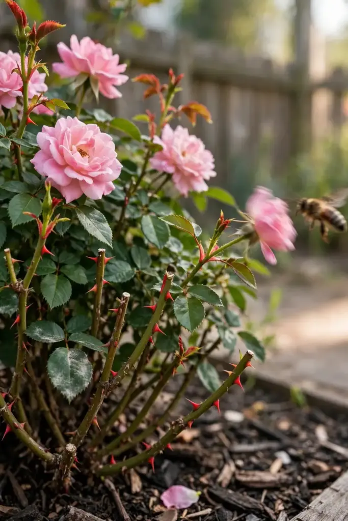Recovered rose bush blooming again after a powdery mildew season