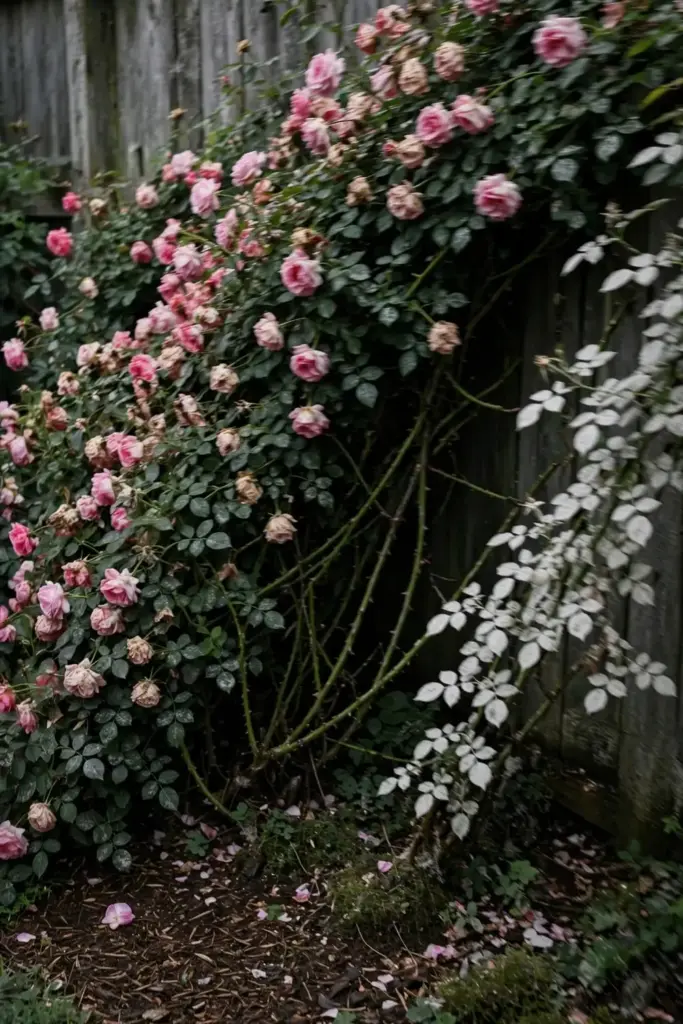 Crowded shaded rose bed against a fence with mildew-prone still air