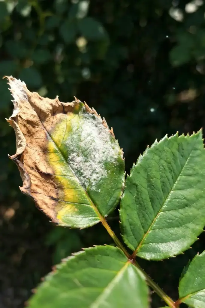 Rose leaflet with brown spray-burn spots along the edge and faint mildew