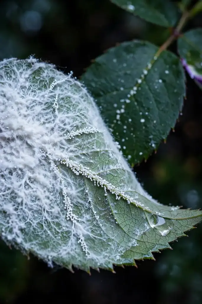 Extreme macro of floury white powdery mildew coating on a rose leaflet