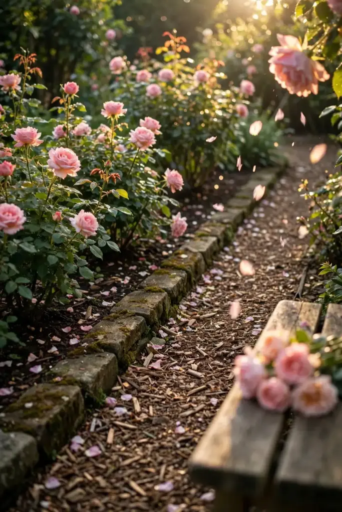 Thriving rose garden in morning light after a season of mildew management