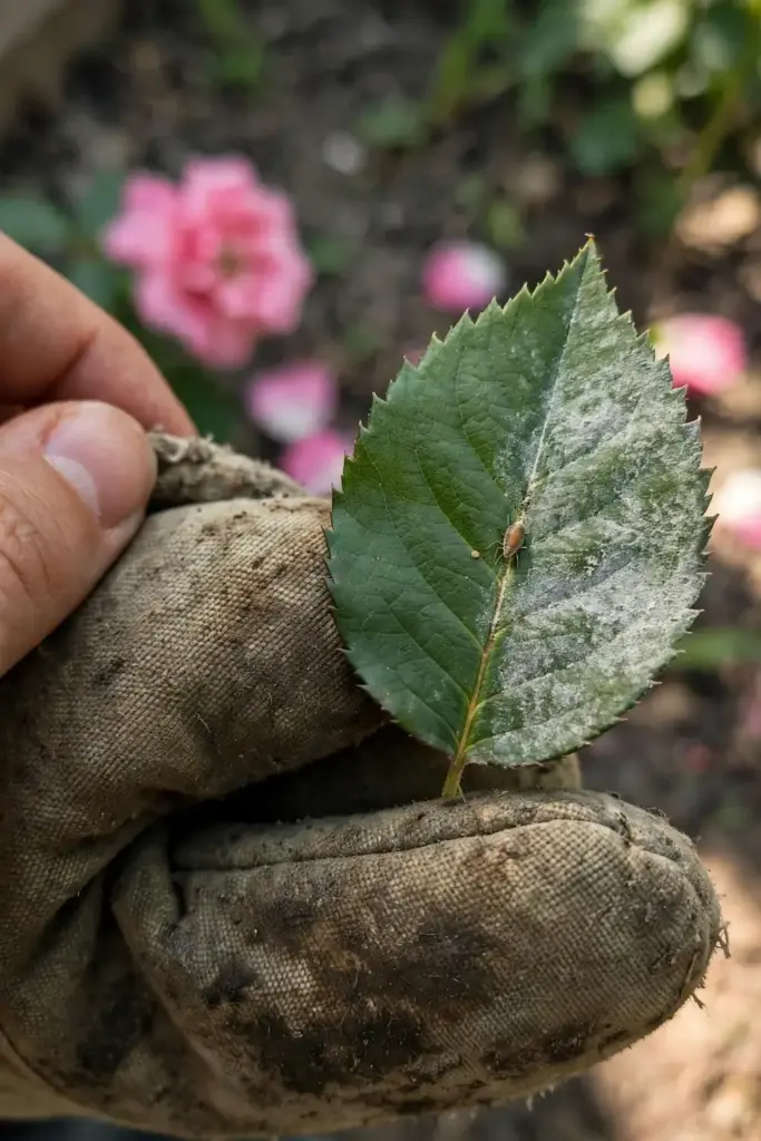 Half-mildewed rose leaflet assessed in a worn garden mitt for treatment decision