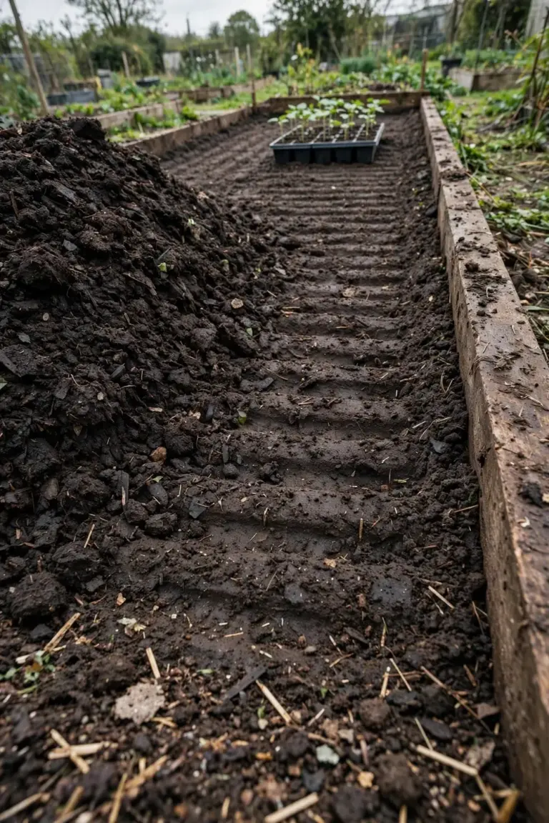 Prepared garden bed of dark crumbly soil with compost worked in