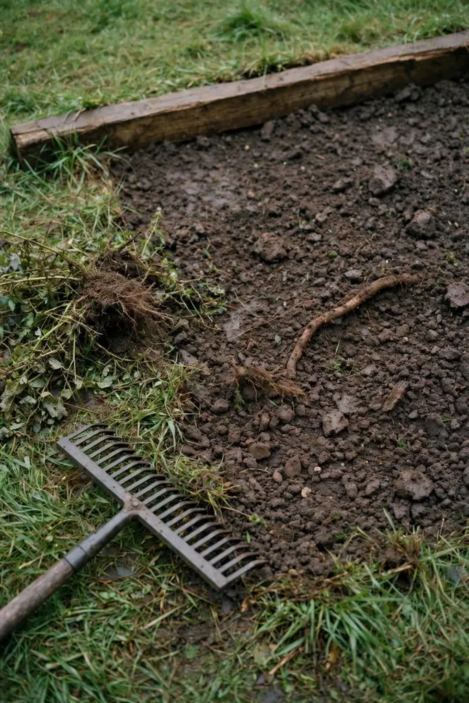 Cleared bare patch with loosened dark soil and a rake at the edge