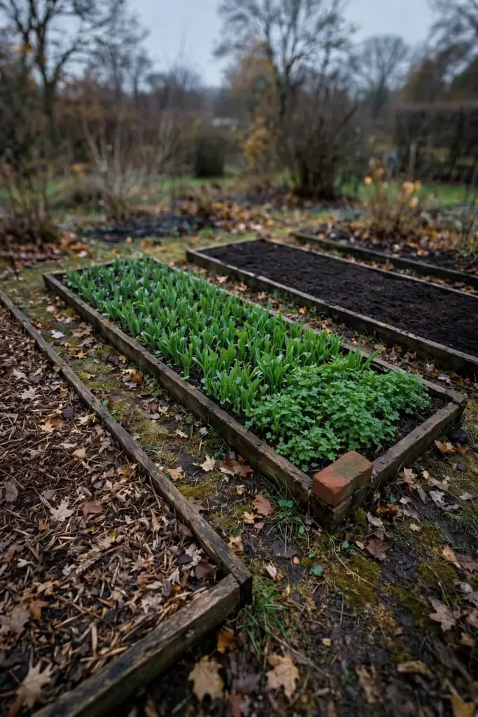 Three prepped beds in autumn, leaf mulch cover crop and compost finishes