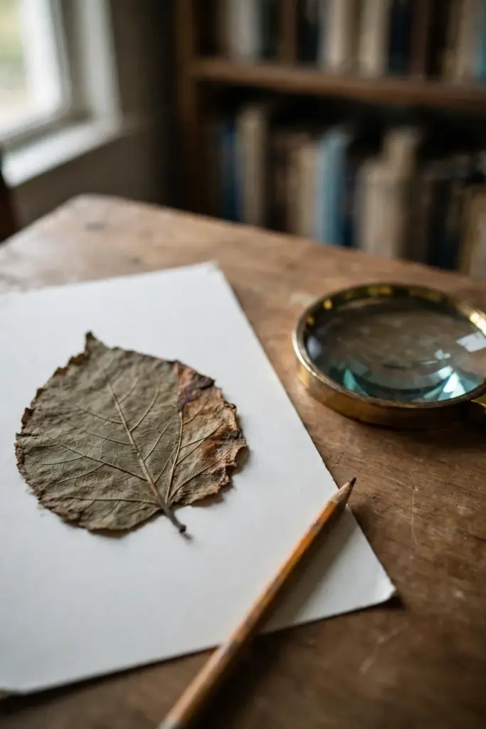 Pressed leaf on a blank sheet beside a magnifying glass