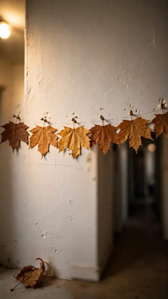 Row of pressed maple leaves pinned to a wall with brass pins