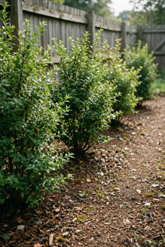 Sunlit spaced garden bed with airflow between healthy shrubs