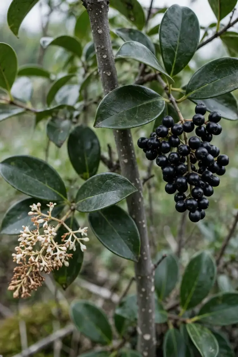 Privet black berry clusters below glossy opposite leaves