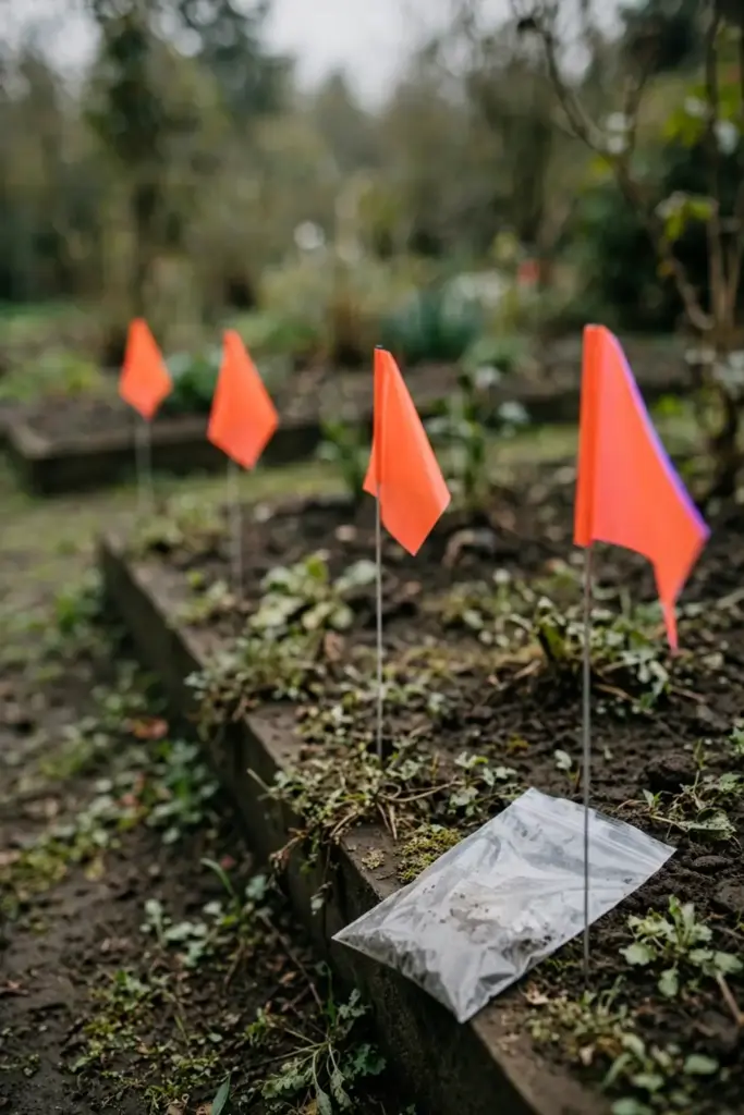 Garden bed with survey flags marking sample spots for a professional.