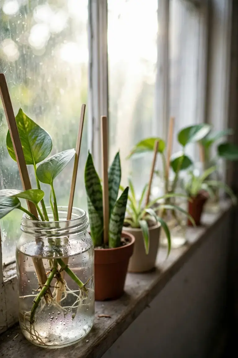 Row of propagated cuttings and plantlets rooting on a windowsill