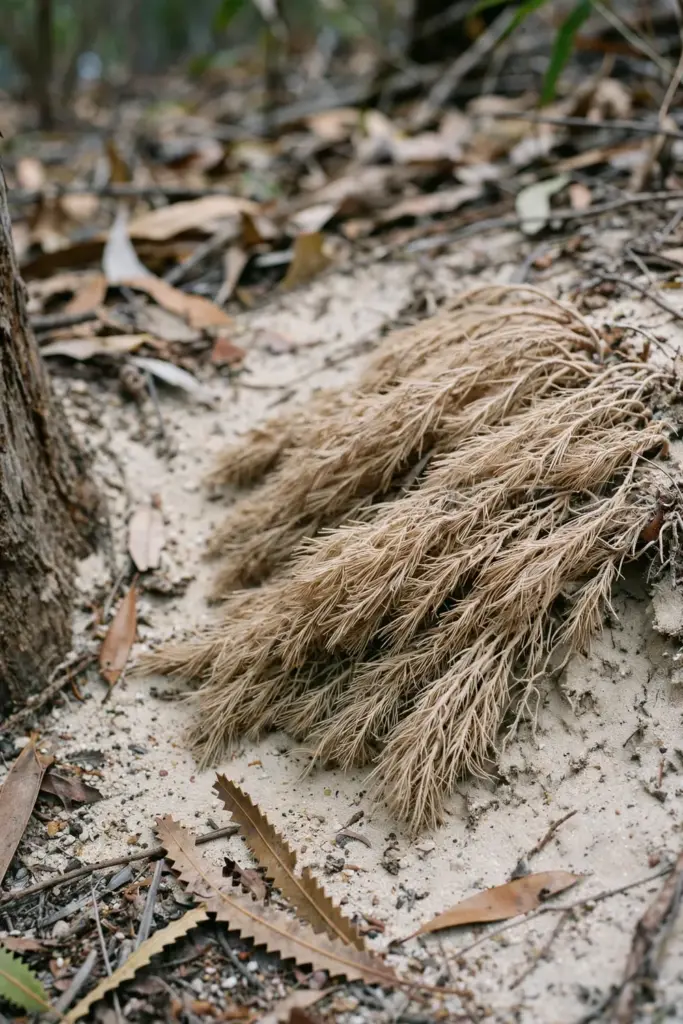 Fine proteoid cluster roots exposed in sandy soil at a banksia base