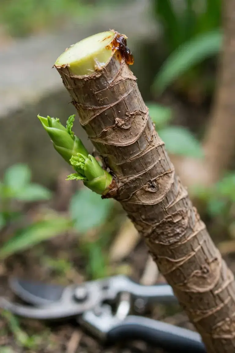 Freshly pruned dracaena cane pushing two new green buds below the cut