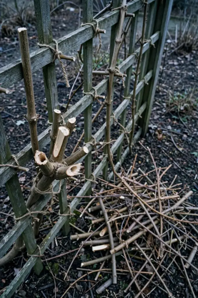 Honeysuckle vine pruned back to a woody framework on a trellis