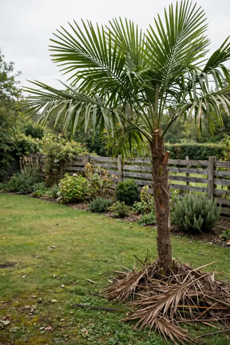 Palm with dead fronds pruned away and a clean green crown